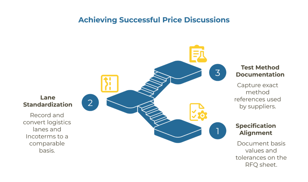 “Infographic titled ‘Achieving Successful Price Discussions’ with a central three-tiered platform and stair graphic and three numbered points: 1 — Specification Alignment: ‘Document basis values and tolerances on the RFQ sheet’ (checklist icon); 2 — Lane Standardization: ‘Record and convert logistics lanes and Incoterms to a comparable basis’ (lane/route icon) shown at left; 3 — Test Method Documentation: ‘Capture exact method references used by suppliers’ (clipboard/flask icon) shown at right.”