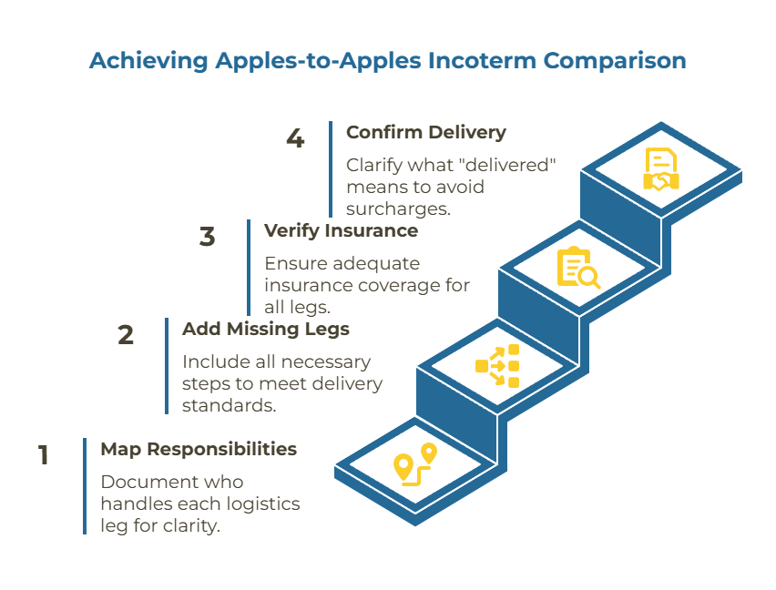 Diagram mapping each Incoterm to the logistics legs the buyer must add or verify (pickup, export, main carriage, insurance, import clearance, duties, delivery) with short guidance on what to include for EXW, FOB, CIF, DDP.