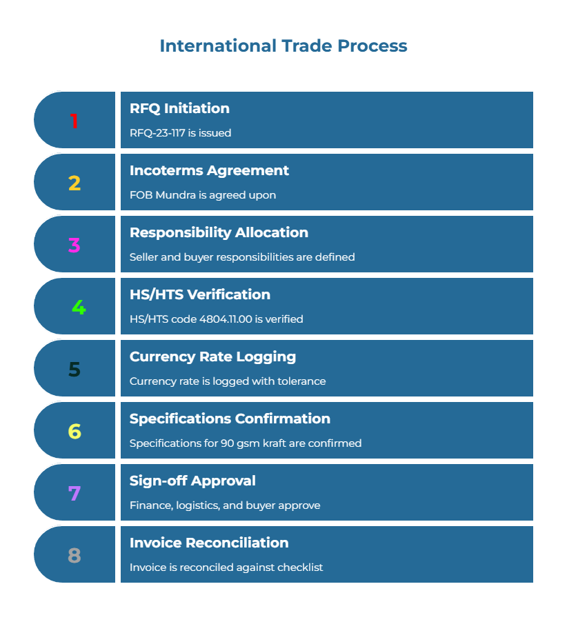 Sample RFQ/PO structure showing Incoterm (FOB Mundra), responsibility split (seller vs buyer legs), HS/HTS code with verified date, currency rate source and tolerance, specs, and sign-offs — followed by invoice reconciliation checklist items.