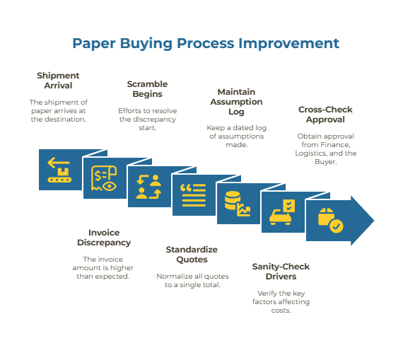 Flow showing a shipment arriving → surprise invoice → common root errors (freight legs, duty assumptions, currency date) → solution: standardized to-door landed cost and traceable approvals.