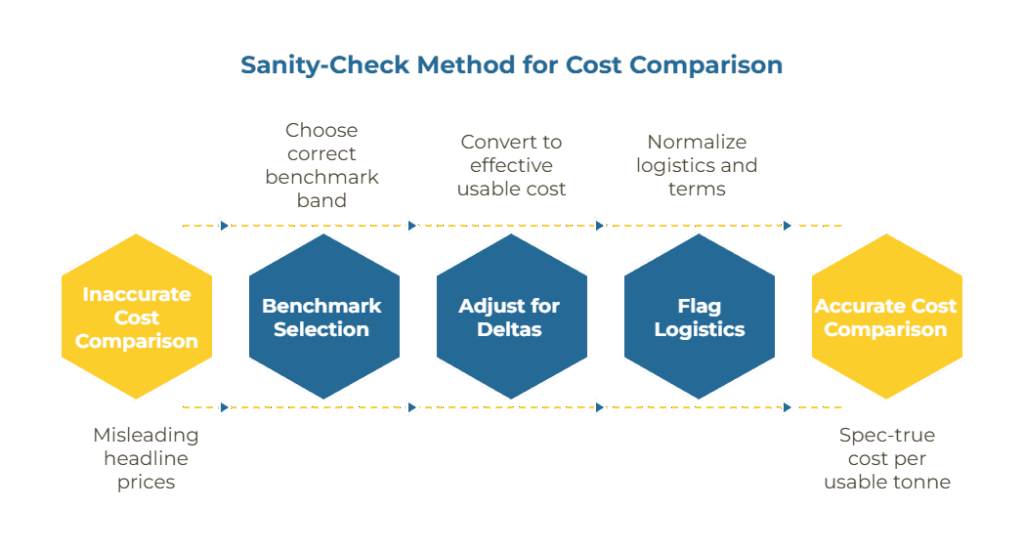 Three-step flowchart: 1) select driver-aligned benchmark, 2) convert prices to effective cost per usable tonne to capture spec/yield deltas, 3) flag logistics/payment/incoterms differences for later normalization.