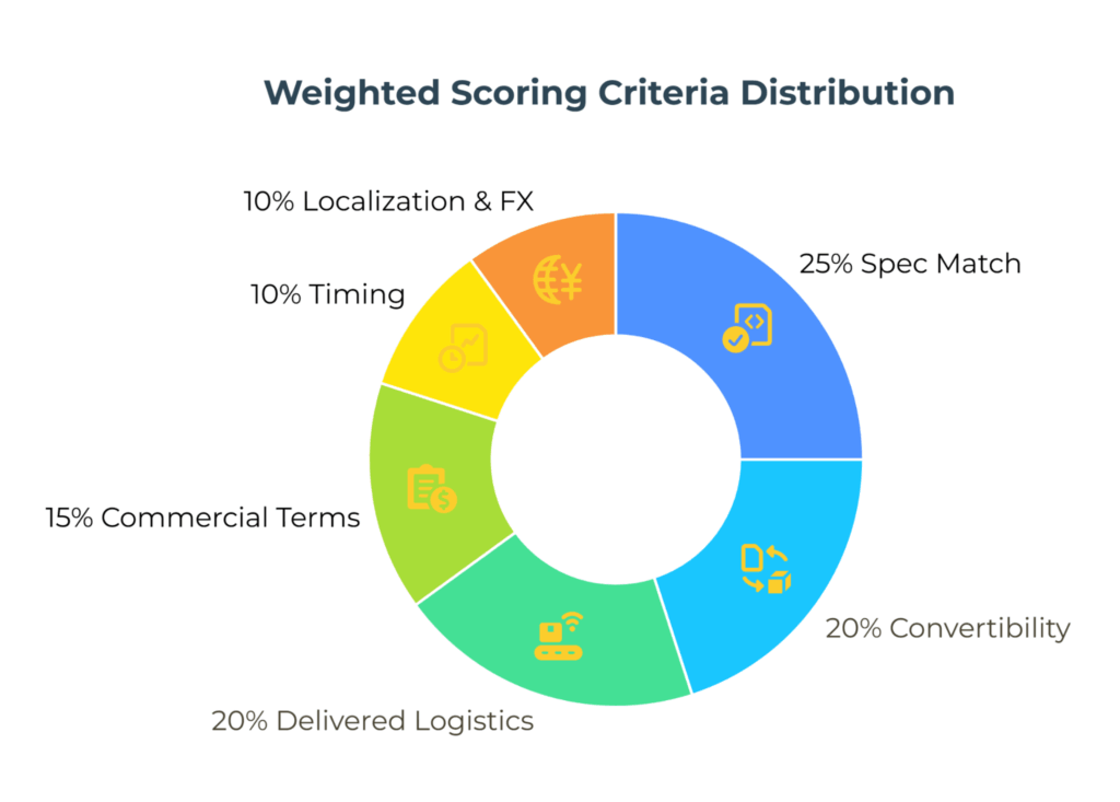 Chart showing weights—Spec Match 25%, Convertibility 20%, Delivered Logistics 20%, Commercial Terms 15%, Timing 10%, Localization & FX 10%—plus note: typical approval floor 3.8/5 (higher in peak seasons). Caption: logging assumptions moves debates to evidence.