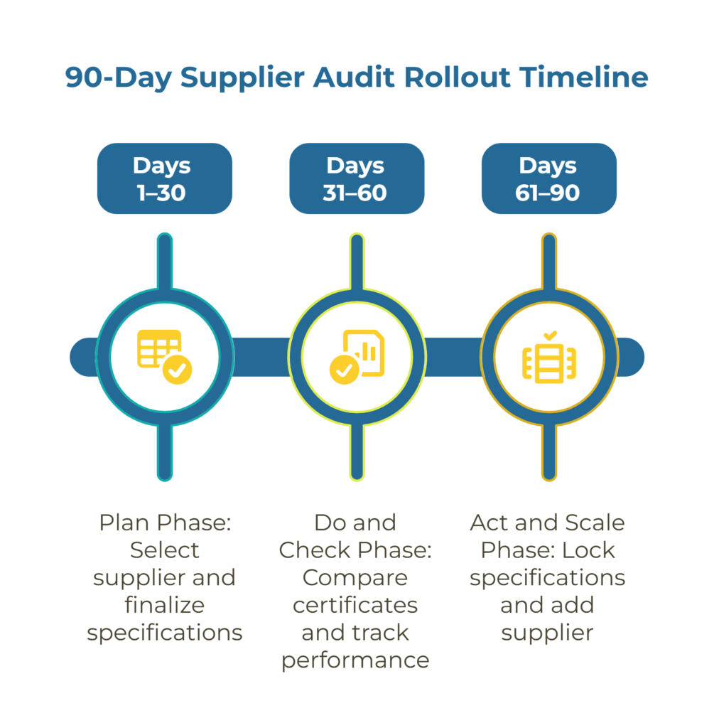 A three-segment timeline illustrating Plan (Days 1–30: select grades, confirm certificates, run pilot order), Do/Check (Days 31–60: compare COAs to in-house tests, implement CAPA), and Act/Scale (Days 61–90: lock specs, add suppliers, publish scorecard).