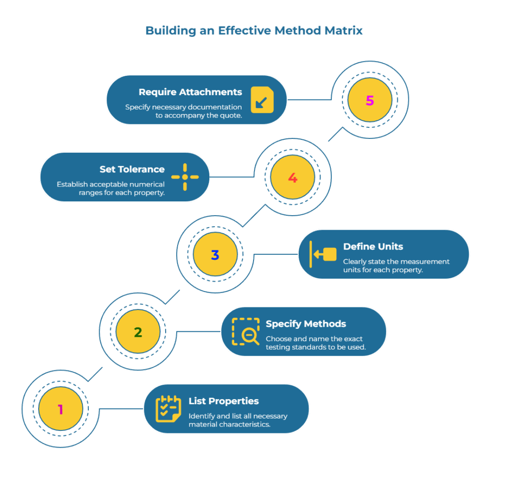 Infographic titled “Building an Effective Method Matrix.” A numbered path from 1–5 with connected callouts: 1) List properties; 2) Specify methods (name exact testing standards); 3) Define units for each property; 4) Set acceptable tolerance ranges; 5) Require attachments—supporting documents with the quote.