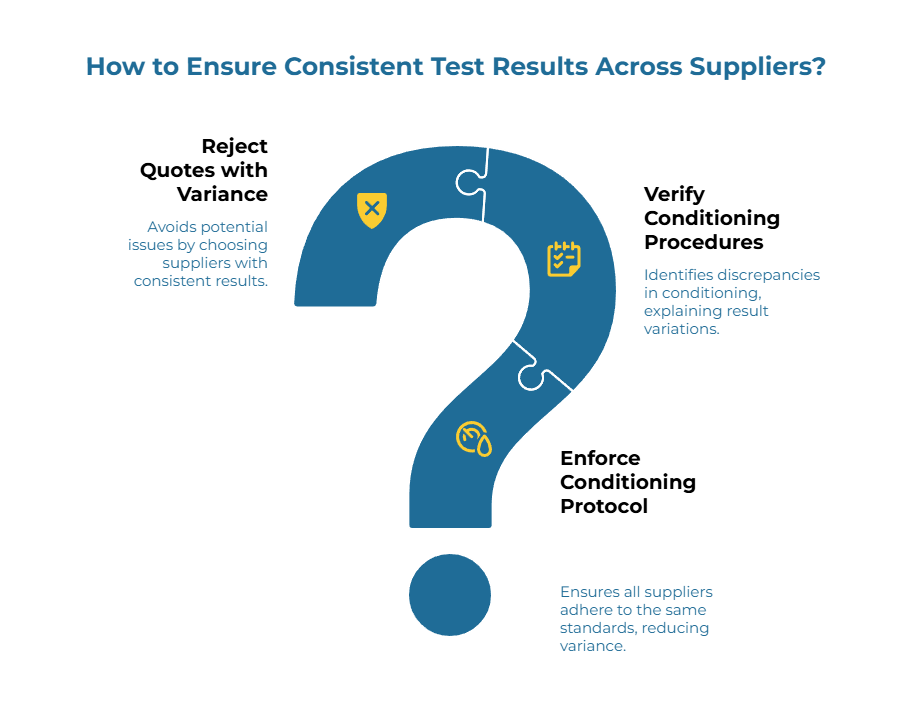 Infographic titled “How to Ensure Consistent Test Results Across Suppliers?”. A large puzzle-style question mark with icons is flanked by three notes: choose suppliers with consistent results; identify conditioning discrepancies that explain variations; enforce common standards to reduce variance.