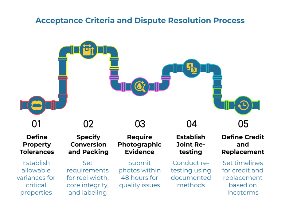 Infographic “Acceptance Criteria and Dispute Resolution Process.” Pipeline diagram shows steps: set variances for critical properties; define reel width, core integrity and labeling; submit photos within 48 hours; retest via documented methods; set timelines for credit and replacement per Incoterms.