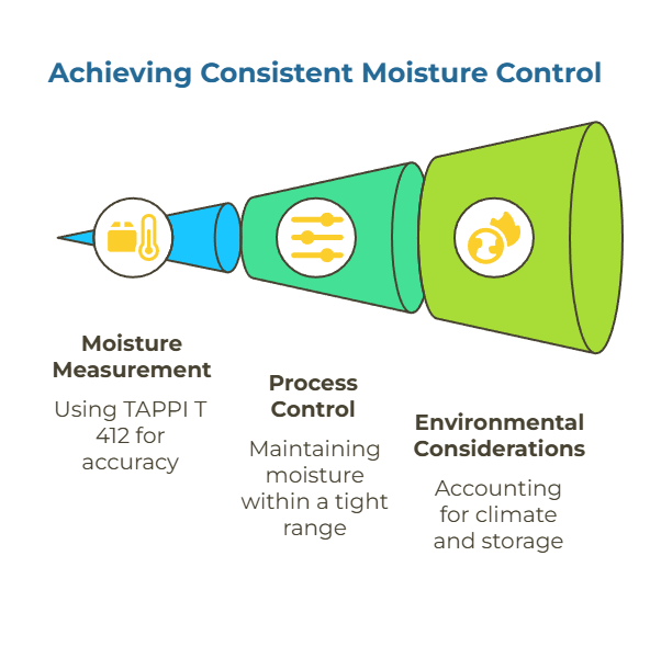 Checklist-type infographic showing recommended moisture target (6–8%), test method (TAPPI T 412), acceptable control ranges (example: 7% ±0.5%), and notes on storage conditioning and in-process monitoring.