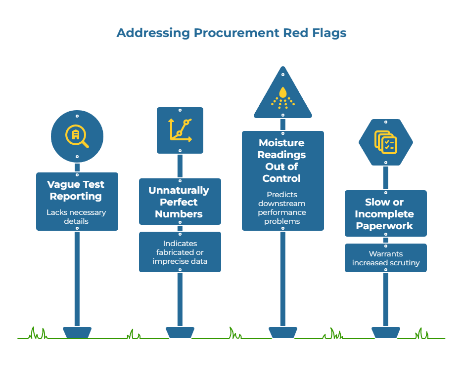 Infographic titled “Addressing Procurement Red Flags” showing four warning signs depicted as road signs. The red flags are: Vague Test Reporting, Unnaturally Perfect Numbers, Moisture Readings Out of Control, Slow or Incomplete Paperwork.
