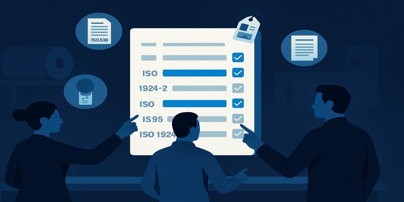 Team of three reviewing a floating checklist with ISO rows and evidence icons.