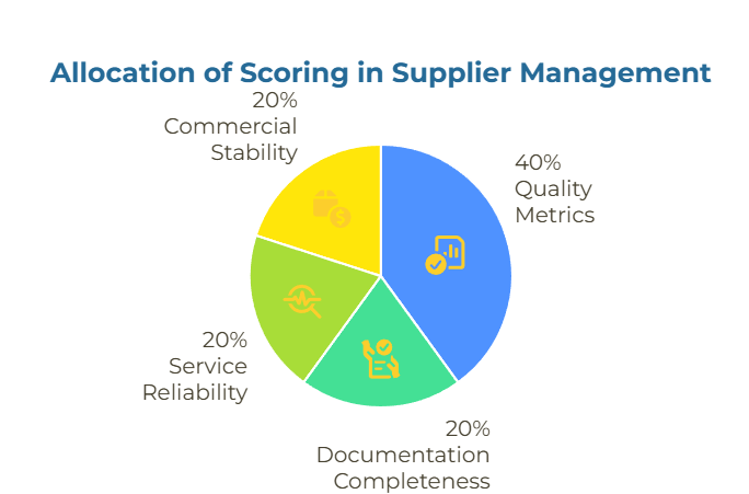 A four-segment scorecard showing weightings (Quality 40%; Documentation 20%; Service reliability 20%; Commercial stability 20%) with short descriptors under each segment explaining what is measured.