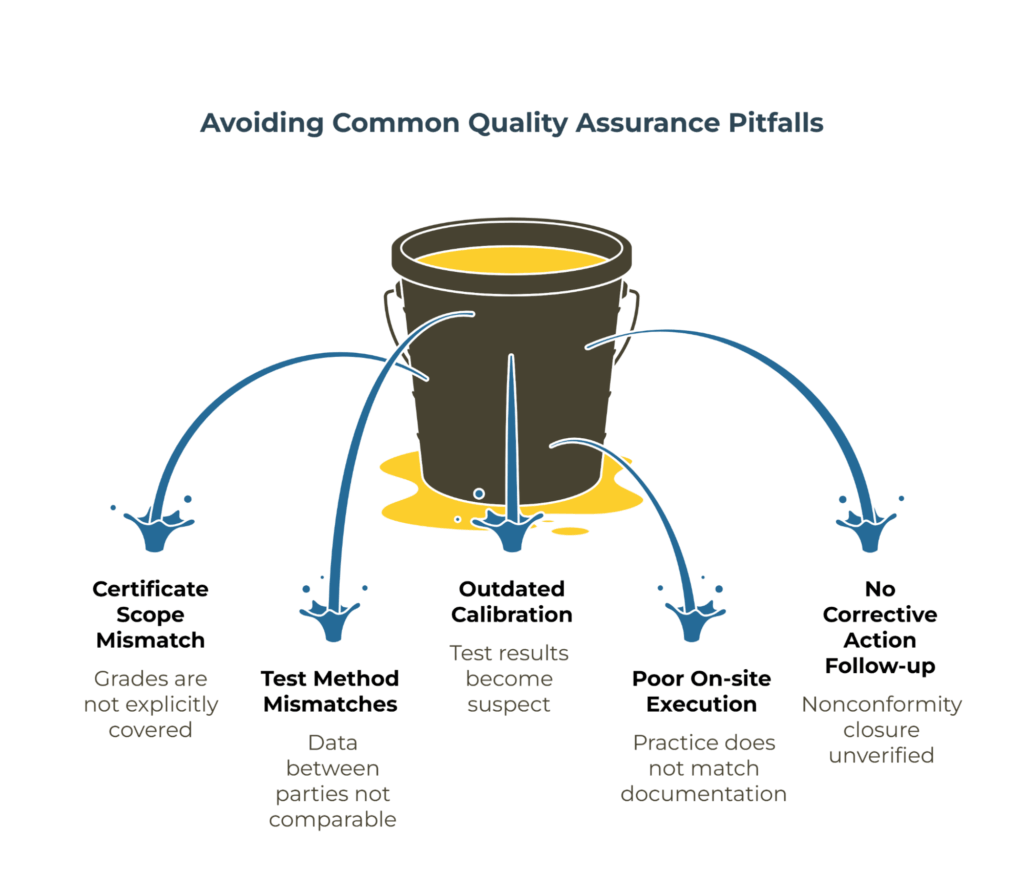 Infographic titled “Avoiding Common Quality Assurance Pitfalls” showing a leaking bucket metaphor for QA issues. Each leak represents a pitfall: certificate scope mismatch, test method mismatches, outdated calibration, poor on-site execution, and no corrective action follow-up — all causing quality failures.