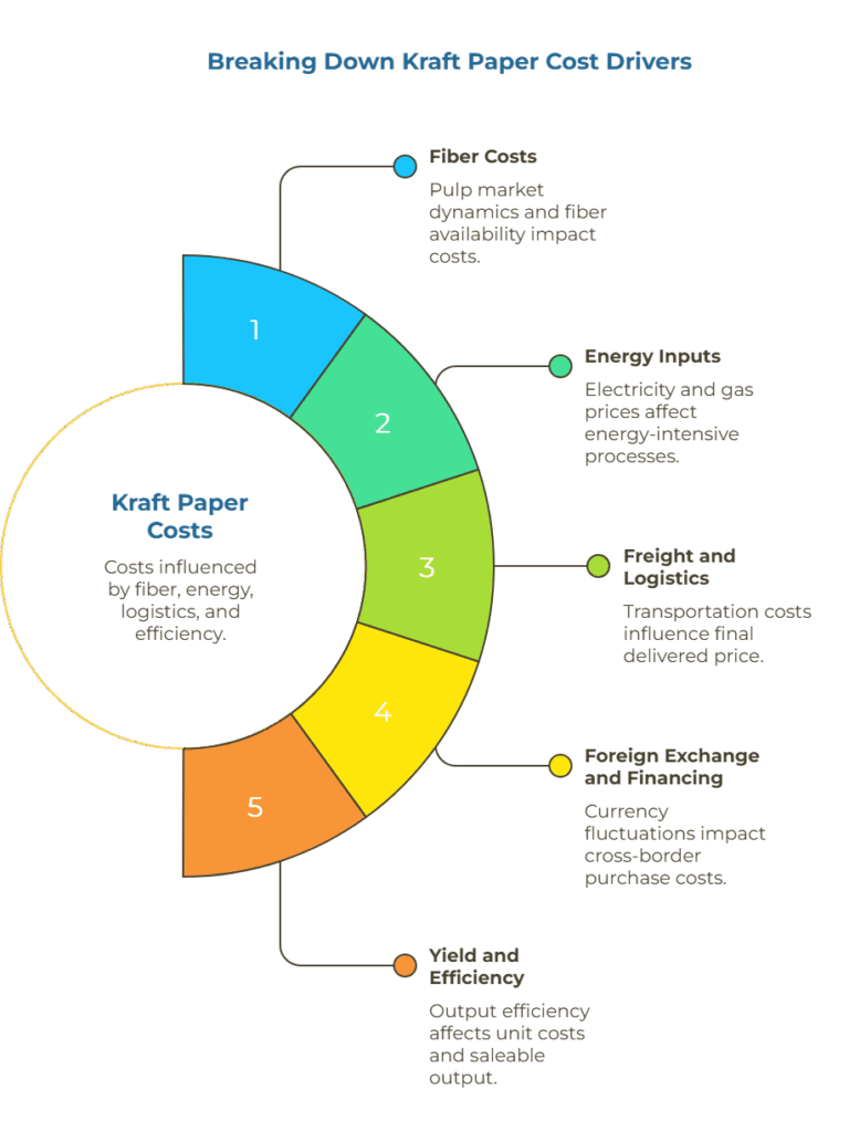 A five-row card listing the primary cost drivers for kraft paper (fiber, energy, freight, FX, yield) with short notes about typical impacts and which are controllable versus market dependent.