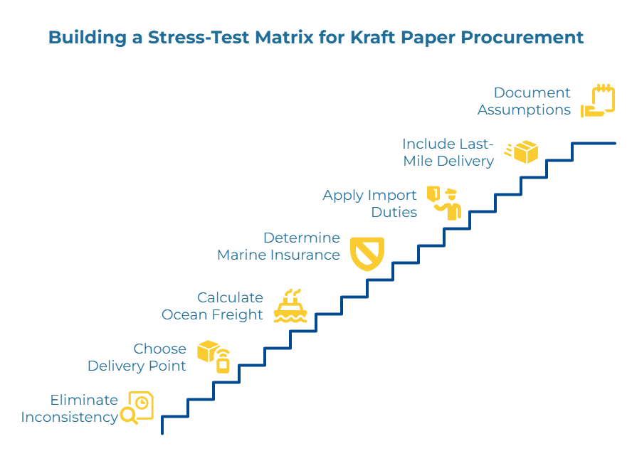 Infographic titled “Building a Stress-Test Matrix for Kraft Paper Procurement.” A blue staircase lists steps with icons: eliminate inconsistency; choose delivery point; calculate ocean freight; determine marine insurance; apply import duties; include last-mile delivery; document assumptions.