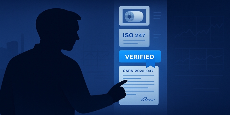 Stylized illustration of a QA manager verifying a glowing CAPA card in an evidence ledger with SPC charts.