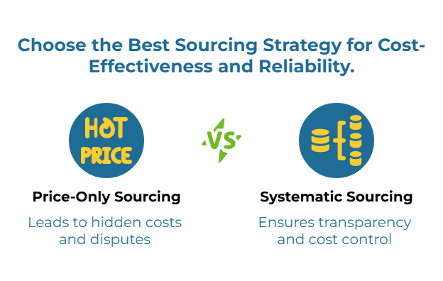 Infographic titled “Choose the Best Sourcing Strategy for Cost-Effectiveness and Reliability.” Left: blue circle with flame text “HOT PRICE” representing chasing lowest bids; note: leads to hidden costs and disputes. Center: green “vs.” Right: blue circle with stacked-data/brackets icon; note: ensures transparency and cost control.