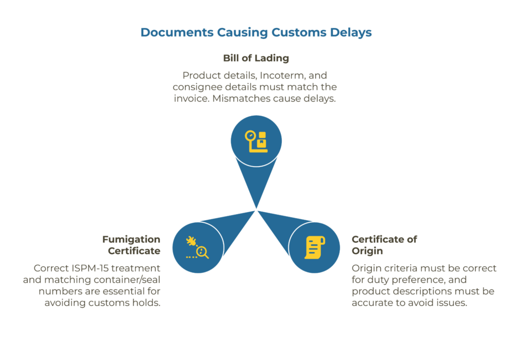 A checklist highlighting Bill of Lading, Certificate of Origin, and Fumigation Certificate with the key fields to verify for each to avoid customs delays.