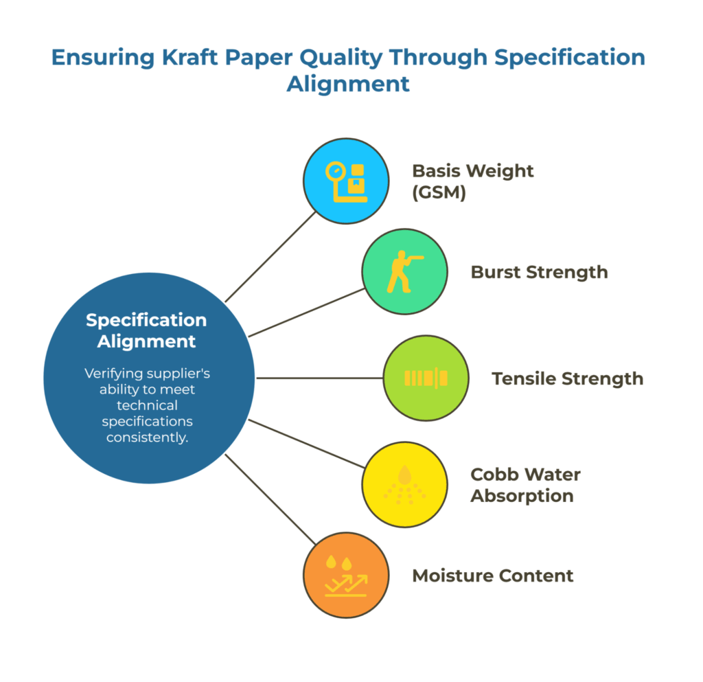 Infographic titled “Ensuring Kraft Paper Quality Through Specification Alignment” showing a central circle for “Specification Alignment” linked to five key parameters: Basis Weight (GSM), Burst Strength, Tensile Strength, Cobb Water Absorption, and Moisture Content — representing quality verification factors.