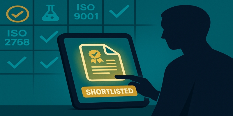 Stylized reviewer toggles evidence gate on tablet; verified supplier file glows with ISO 2758 badge.