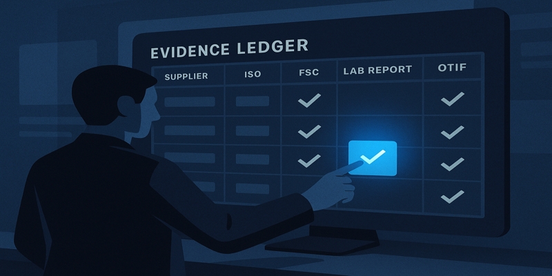 Stylized evidence ledger showing supplier rows with a glowing verified lab-report cell and a reviewer silhouette.