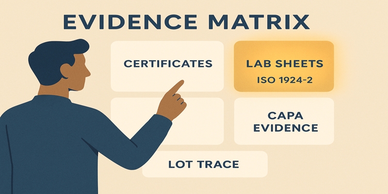 Stylized illustration of an evidence matrix dashboard with a quality manager highlighting ISO-referenced lab sheets.