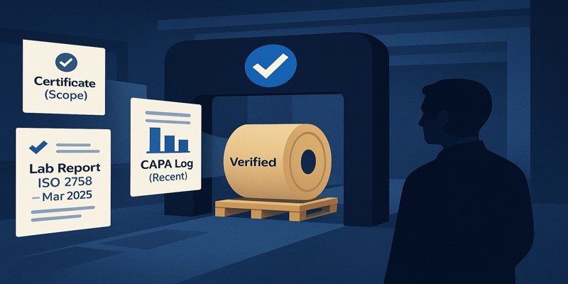 Stylized evidence pipeline: certificate, dated lab report (ISO 2758 • Mar 2025), and CAPA log pass through a verification gate to a verified kraft roll.