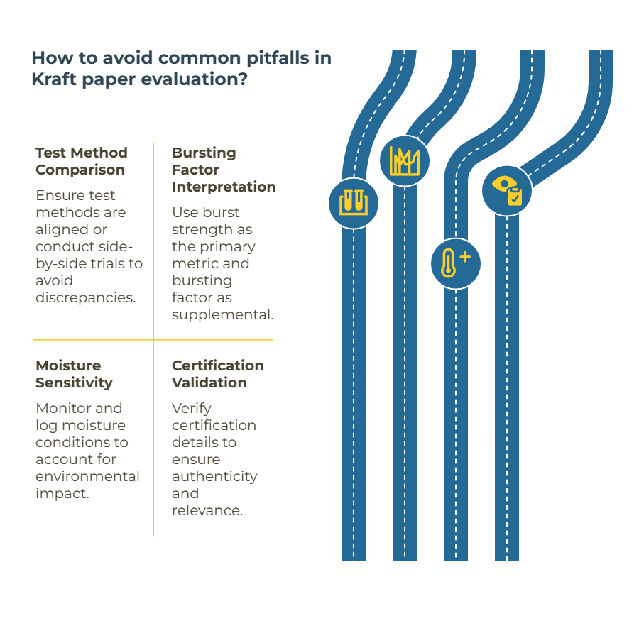 Infographic titled “How to avoid common pitfalls in Kraft paper evaluation?” Left panel: four labeled quadrants with short tips — Test Method Comparison: align methods or run side-by-side trials; Bursting Factor Interpretation: use burst strength as primary metric, BF supplemental; Moisture Sensitivity: monitor and log conditioning/storage; Certification Validation: request and verify certificate details. Right panel: five vertical, road-like blue ribbons with circular icons representing testing, strength, moisture, and certification.