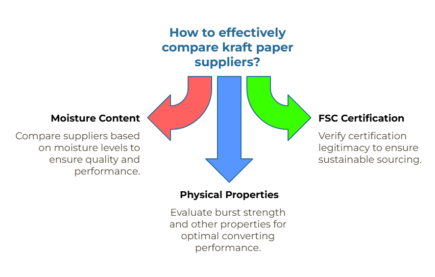 Infographic on how to effectively compare kraft paper suppliers. Three arrows point downwards: the red arrow highlights comparing suppliers based on moisture levels to ensure quality and performance; the blue arrow emphasizes evaluating burst strength and other properties for optimal converting performance; and the green arrow stresses verifying certification legitimacy to ensure sustainable sourcing.