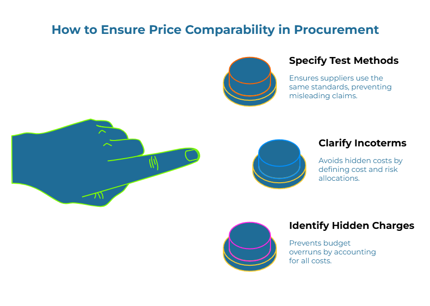 Infographic titled “How to Ensure Price Comparability in Procurement.” A large pointing hand on the left indicates three stacked-coin icons with captions on the right: ensure suppliers use the same standards; avoid hidden costs by defining cost and risk allocations; prevent budget overruns by accounting for all costs.