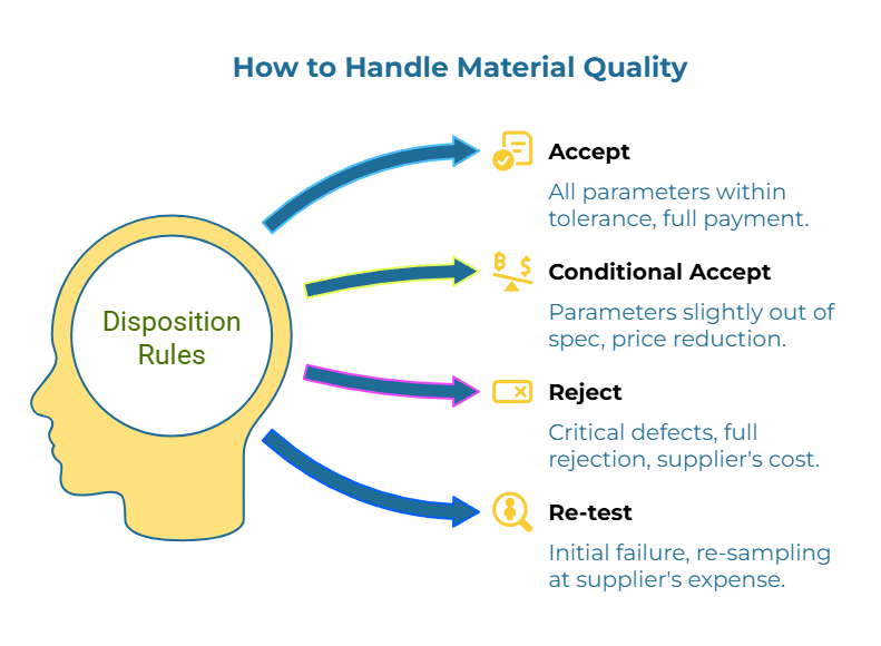 Infographic titled “How to Handle Material Quality.” A silhouette head labeled “Disposition Rules” branches into four arrows: within tolerance → full payment; slightly out of spec → price reduction; critical defects → full rejection at supplier’s cost; initial failure → re-sampling at supplier expense.