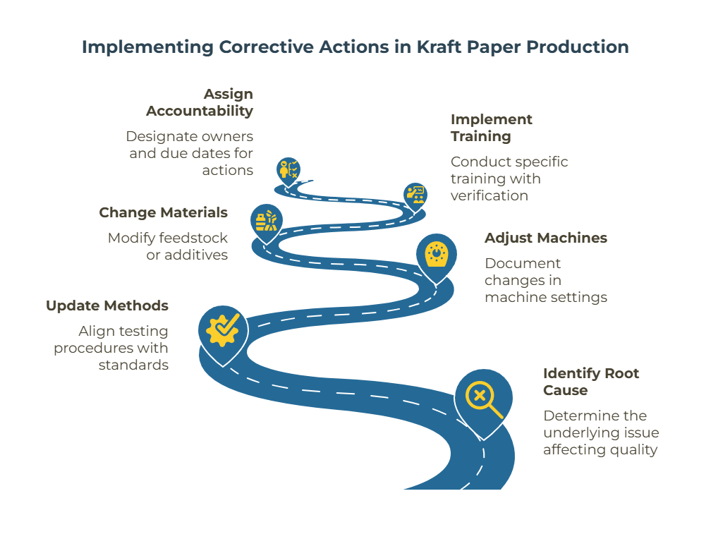 Infographic titled “Implementing Corrective Actions in Kraft Paper Production” showing a winding road with six steps: identify root cause, update methods, change materials, adjust machines, implement training, and assign accountability—each with icons representing corrective action stages.