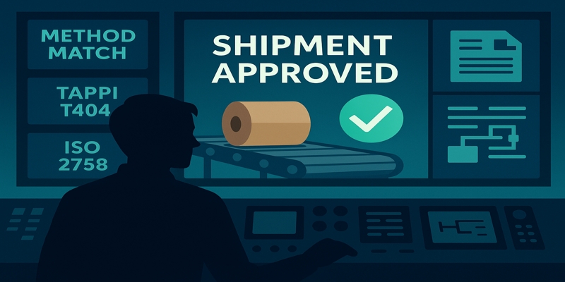 QA inspector silhouette confirming method-match for kraft paper with a glowing verification check.
