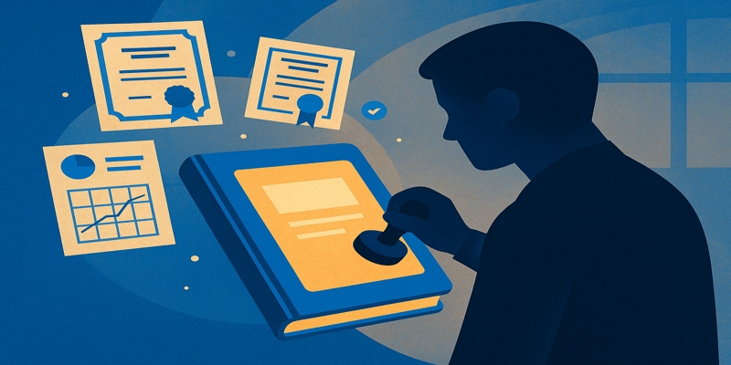 Stylized illustration of an evidence ledger collecting certificates and lab test charts, verified by an anonymous auditor.