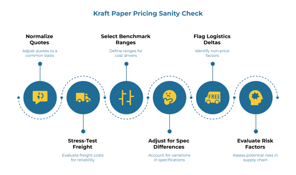 Infographic titled 'Kraft Paper Pricing Sanity Check' showing a horizontal sequence of six circular icons with captions: adjust quotes to a common basis; evaluate freight costs; define ranges for cost drivers; account for spec variations; identify nonprice factors; assess supply-chain risks smartly.