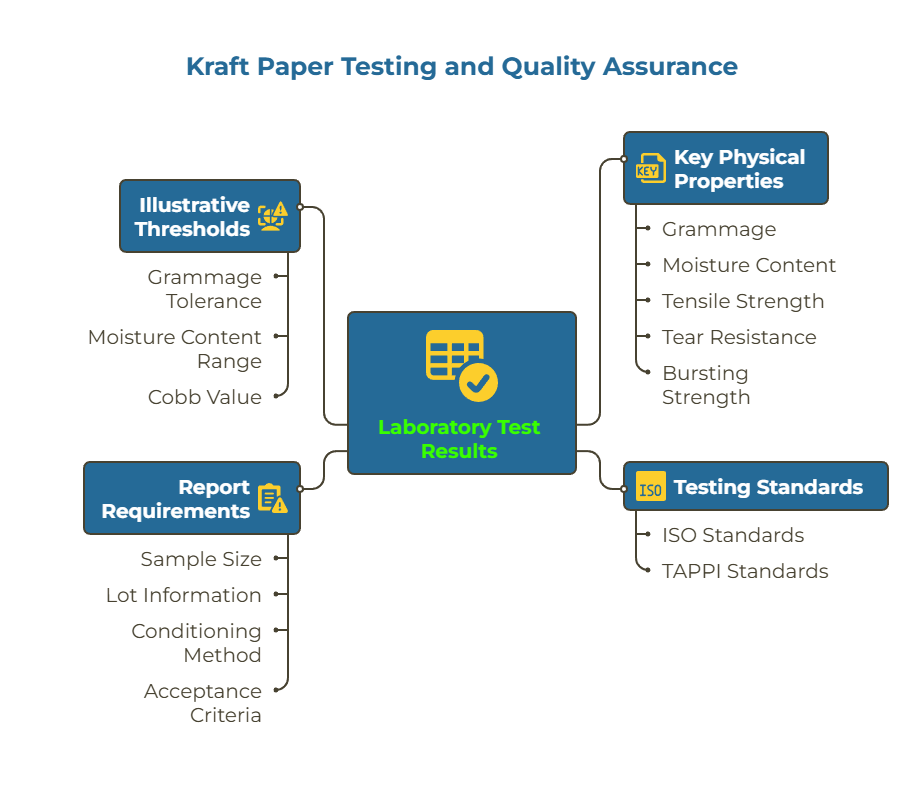 Infographic showing components of kraft paper testing and quality assurance. At the center, “Laboratory Test Results” connects to four areas: key physical properties (grammage, strength, resistance), testing standards (ISO, TAPPI), illustrative thresholds (tolerance, Cobb value), and report requirements.