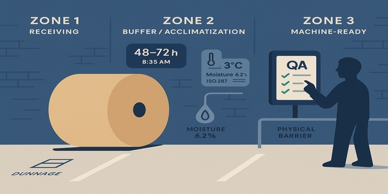 Illustration of a kraft reel moving through three zones (Receiving → Buffer → Machine-Ready) with timestamped QA checks.