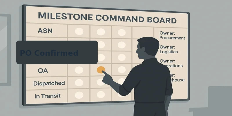 Stylized milestone command board with ASN/ETA badges, named owners, and an operator tapping an amber "Dispatched" alert.