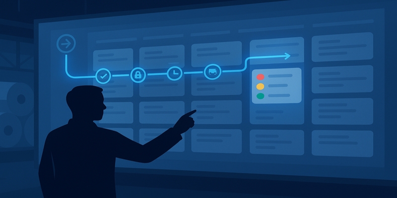 Stylized control room with milestone board and operator pointing to a highlighted order card.