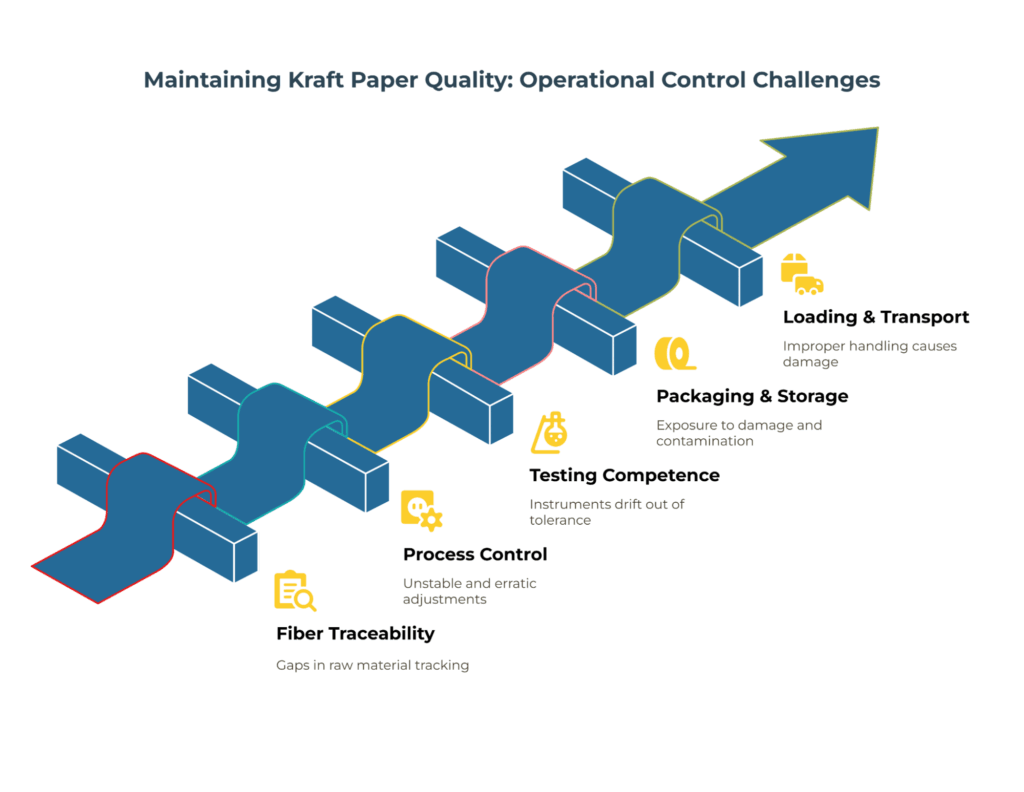 Checklist infographic listing fiber inputs & traceability, process control capability, testing lab competence, packaging & storage practices, and loading/transport procedures—with examples of evidence to collect (photos, logs, retain tags).
