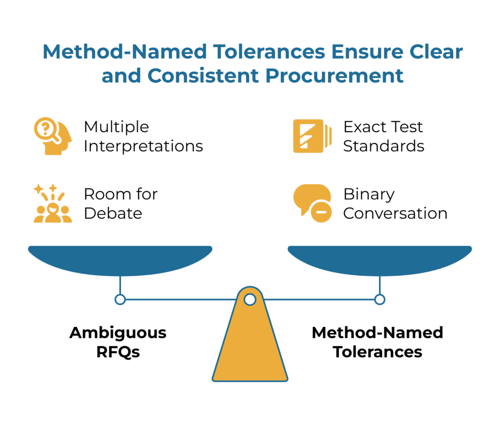 Infographic titled “Method-Named Tolerances Ensure Clear and Consistent Procurement.” A balance scale contrasts two approaches: left, “Ambiguous RFQs” with multiple interpretations and room for debate; right, “Method-Named Tolerances” with exact test standards and a binary, yes/no conversation.