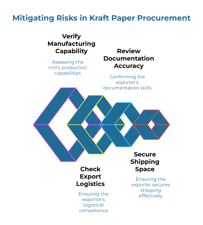 Infographic titled “Mitigating Risks in Kraft Paper Procurement.” Interlinked geometric rings illustrate four checks: assess the mill’s production capabilities; confirm the exporter’s documentation skills; verify the exporter’s logistical competence; ensure shipping is secured effectively.