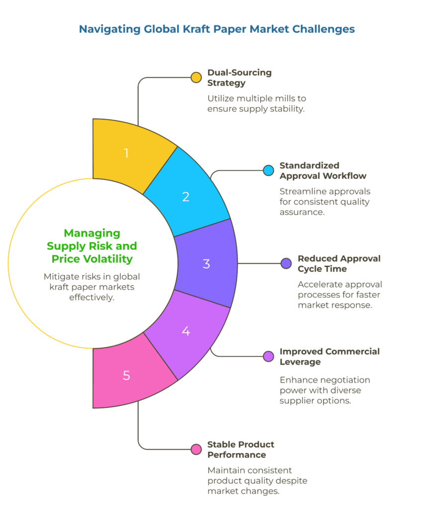 Infographic titled “Navigating Global Kraft Paper Market Challenges.” A five-segment arc surrounds a center labeled “Managing Supply Risk and Price Volatility.” Segments: 1 Dual-Sourcing Strategy, 2 Standardized Approval Workflow, 3 Reduced Approval Cycle Time, 4 Improved Commercial Leverage, 5 Stable Product Performance.