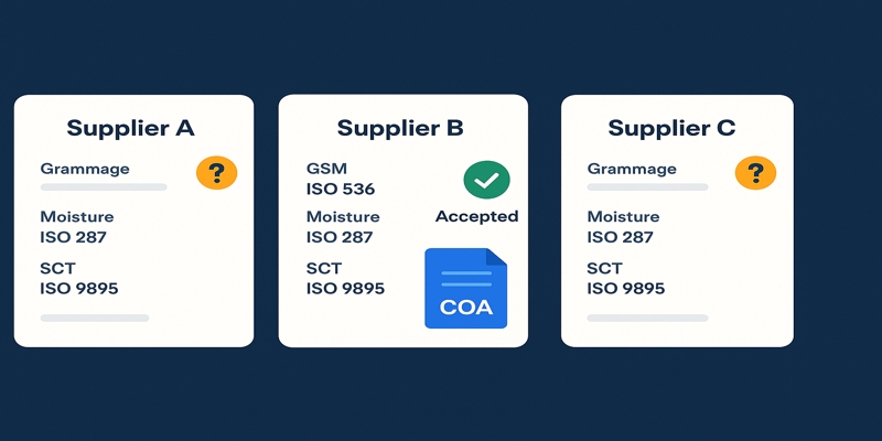 Three supplier quote cards showing method-coded COAs; only the middle card has ISO methods and an Accepted mark.