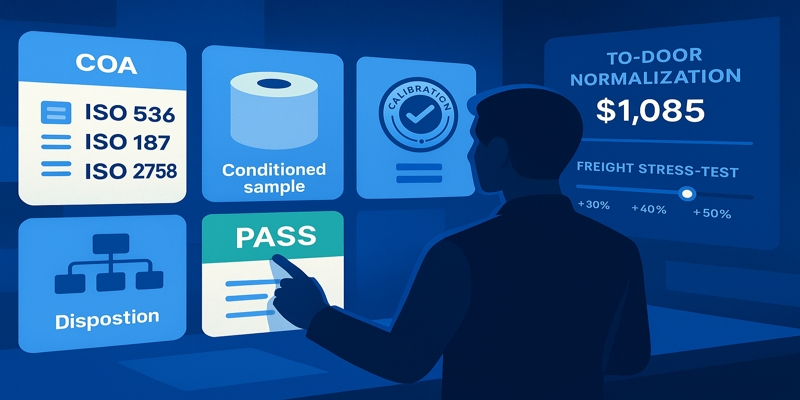 Procurement silhouette audits floating COA tiles (ISO 536/187/2758) with a to-door normalization panel and freight slider.