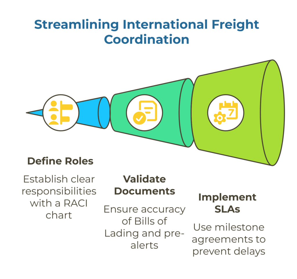 Infographic titled 'Streamlining International Freight Coordination' showing a three-step funnel process: 1) Define Roles – establish clear responsibilities with a RACI chart; 2) Validate Documents – ensure accuracy of Bills of Lading and pre-alerts; 3) Implement SLAs – use milestone agreements to prevent delays. Each step is represented with an icon and progressively larger funnel shapes.