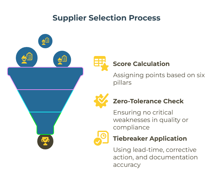 A two-part infographic showing (1) a 100-point stacked chart with pillar names and point allocations and (2) a rules panel showing the passing threshold (70) and zero-tolerance conditions plus top tiebreakers.