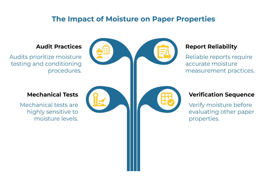Infographic titled “The Impact of Moisture on Paper Properties.” A central blue stem with four looped branches. Key points: audits prioritize moisture testing and conditioning; reliable reports need accurate moisture measurement; mechanical tests are moisture-sensitive; verify moisture before other properties.