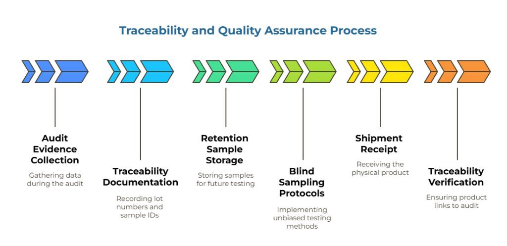 Infographic showing the traceability and quality assurance process in six color-coded stages: gathering audit data, recording lot numbers and sample IDs, storing samples, implementing unbiased testing methods, receiving the physical product, and ensuring product traceability to the audit.