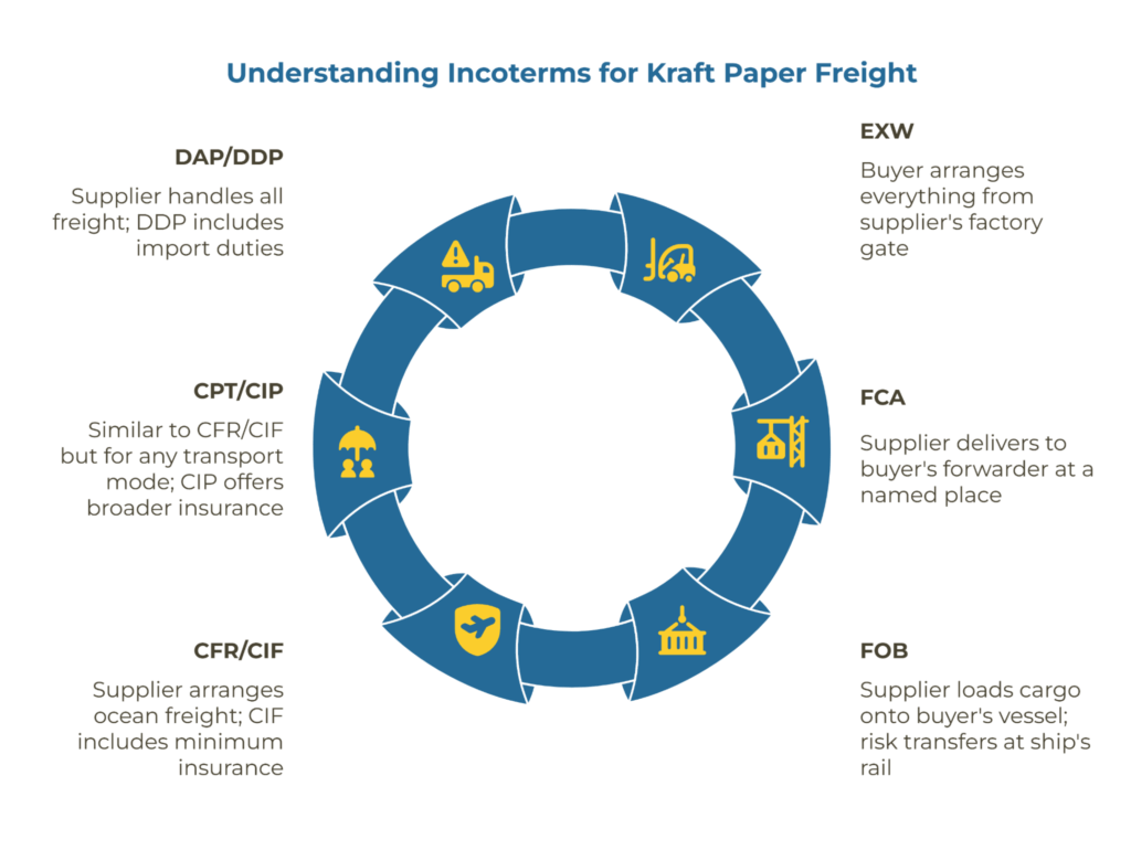 Incoterms quick reference cards showing for each term whether buyer or seller arranges freight and insurance implications, and BL sensitivities (freight prepaid vs collect; include notify party = buyer or customs broker).