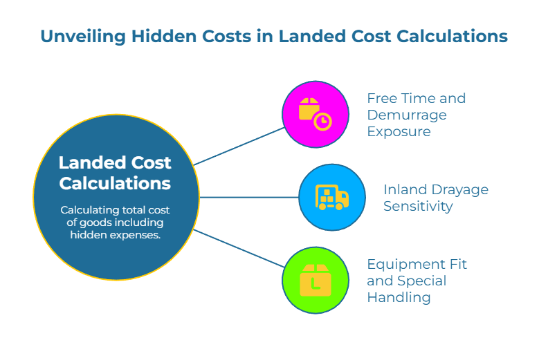 Infographic titled “Unveiling Hidden Costs in Landed Cost Calculations.” A large circle labeled “Landed Cost Calculations—calculating total cost of goods including hidden expenses” connects to three colored bubbles: Free time & demurrage exposure; Inland drayage sensitivity; Equipment fit & special handling.