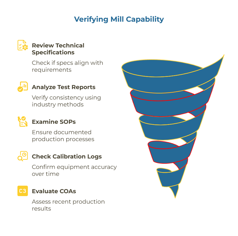 Checklist infographic listing the technical artifacts (specs, test reports with method IDs, SOPs, calibration logs, COAs, traceability) and a short note on what each artifact proves about mill capability.